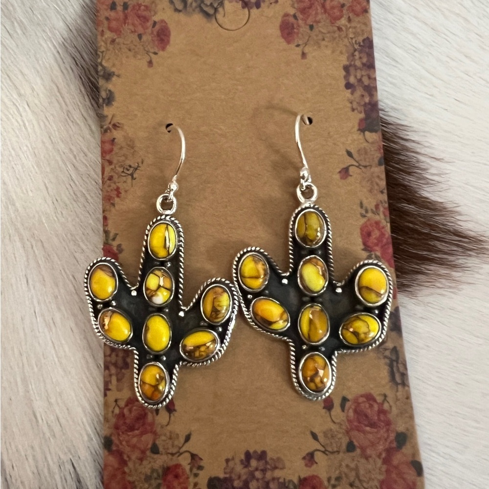 ❤️ Honey Dahlia Kingman Turquoise Navajo Style Cactus Dangle Earrings 1.88”L